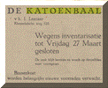Aankondiging in de Arnhemsche Courant d.d. 21 maart 1942 van de tijdelijk sluiting van de Katoenbaal, de winkel van Isaac Leeraar (1885).
