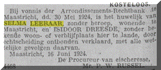 Advertentie echtscheiding in de Limburger Koerier d.d. 16 juni 1924 van Selma Leeraar en Isidoor Dreesde.