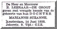 Advertentie geboorte Marianne Suzanne Leeraar (1938)