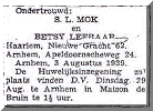 Advertentie ondertrouw Rebecca Leeraar (1912) en Samuel Mok