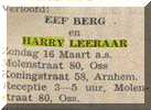 Advertentie verloving in het Nieuw Israëlietisch Weekblad d.d. 14 maart 1947 van Hartog Leeraar (1921) en Eva Heintje Berg.