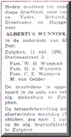 Overlijdensadvertentie Albertus Wunnink in 1956 en echtgenoot van Mietje Leeraar (1893).
