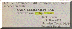 Overlijdensadvertentie in het Nieuw Israëlietisch Weekblad d.d. 23 november 1984 van Sara Polak,echtgenote van Philip Leeraar.