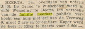 Verkoop woning Willem Barteld Leeraar in 1957